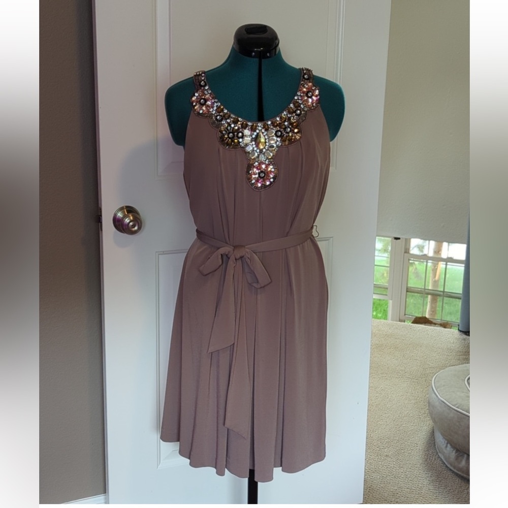 Suzi Chin - Size 12 Taupe/Mauve Jeweled mini swing dress with tie waist